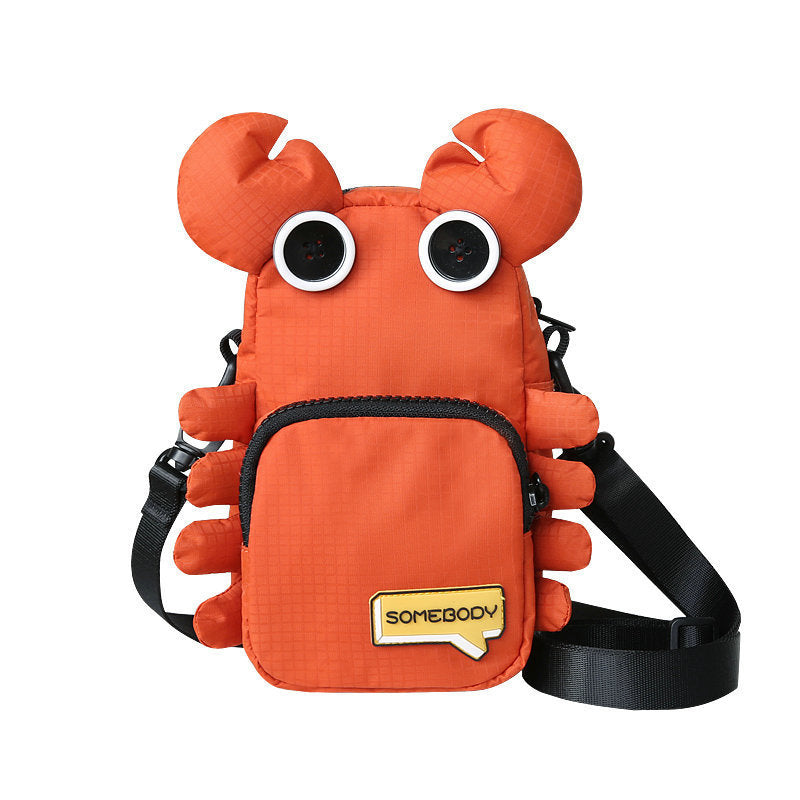 Orange puffy crab crossbody phone bag with button eyes, front view