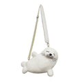 Cream white plush seal crossbody bag with webbing strap, front view