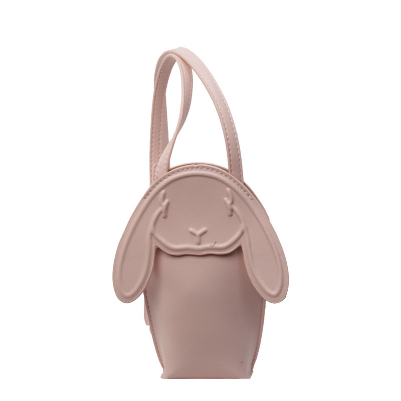 Pink lop-ear bunny phone bag, front view on white
