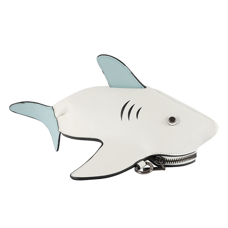 White shark bag with light blue fins, side view on white