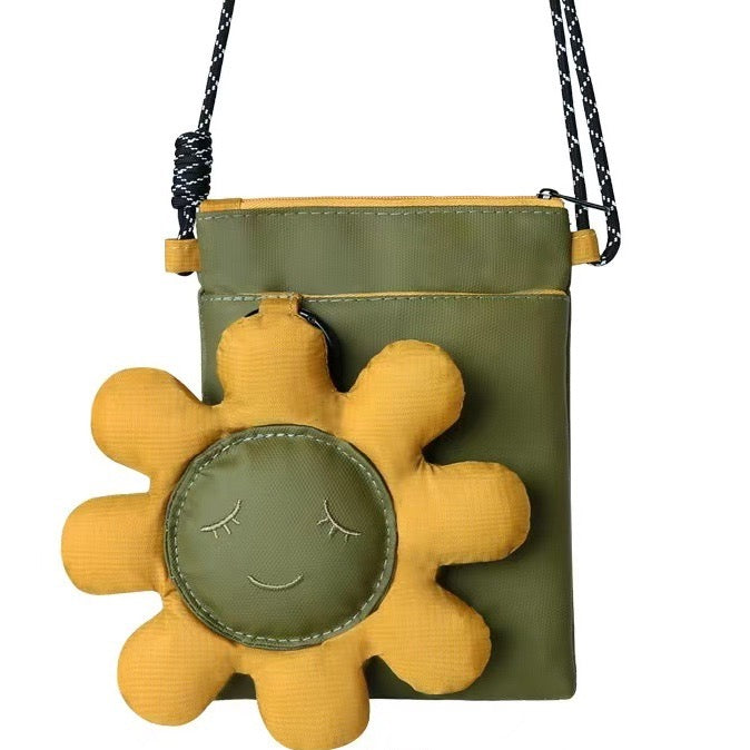 Olive green phone bag with a puffy yellow sunflower, front view