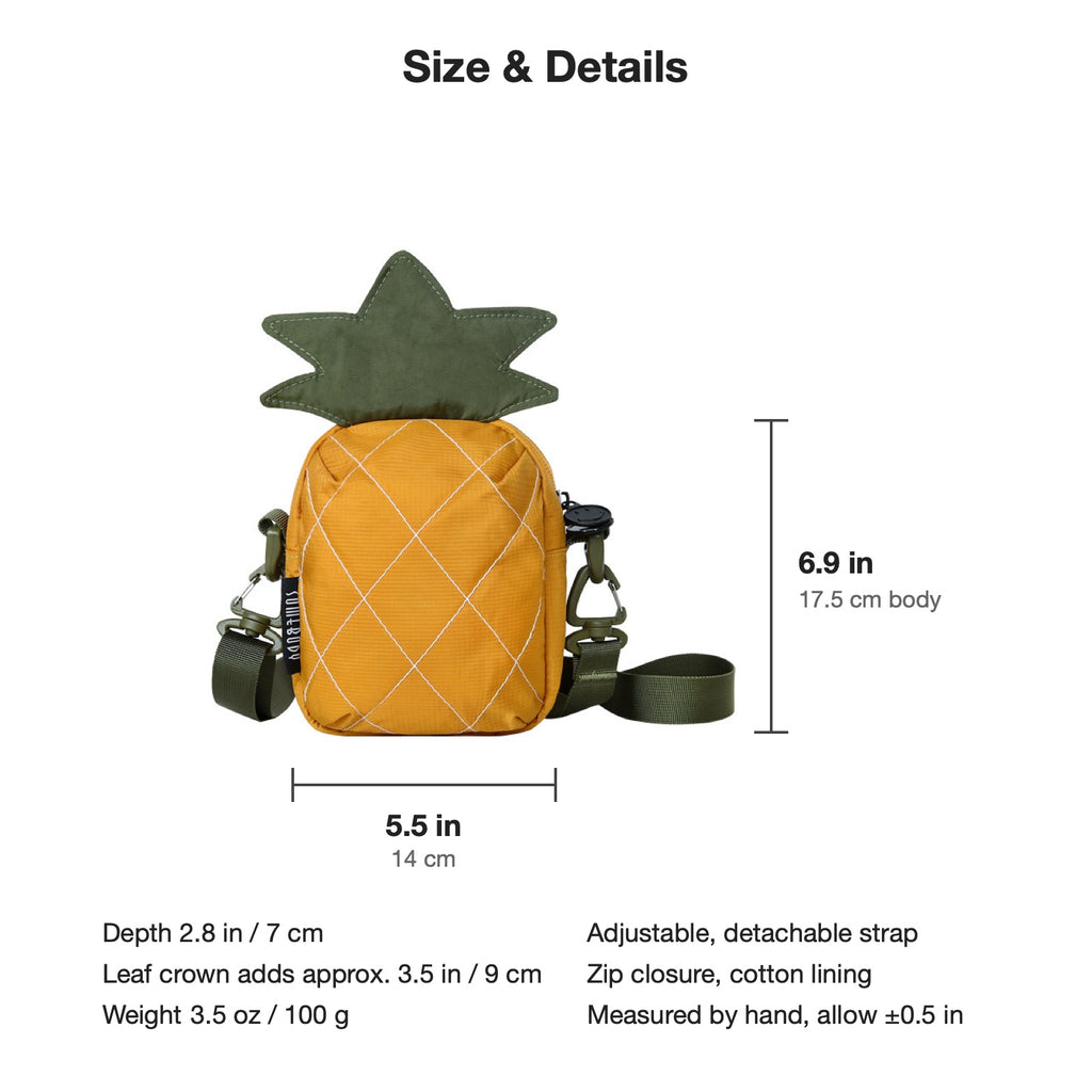Pineapple bag size chart, body 5.5 by 2.8 by 6.9 inches