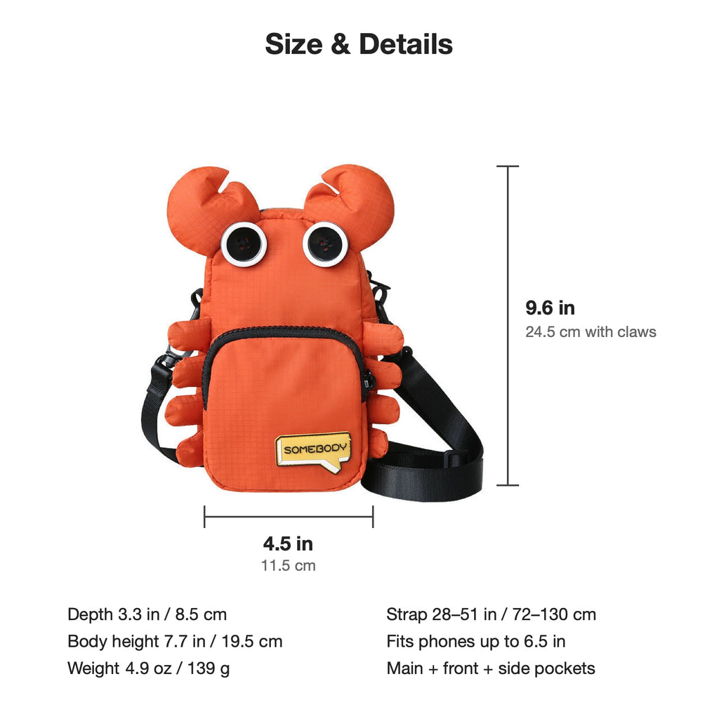 Crab bag size chart, 4.5 by 3.3 by 7.7 inches body